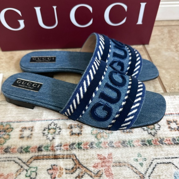 New authentic Gucci Jane Slide denim Sandal size 37.5 - Picture 10 of 14